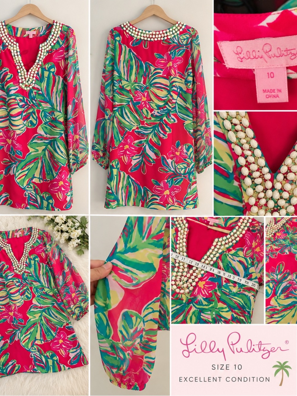 LILLY PULITZER Hot Pink Tropical Pearl-Trim Tunic size 10
